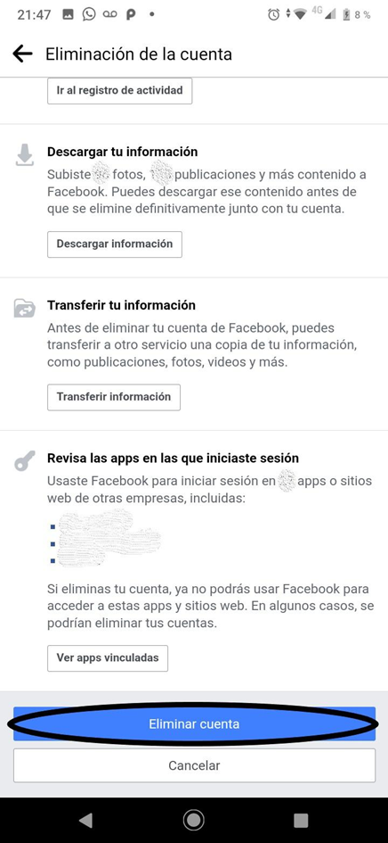 Pasos para eliminar cuenta facebook